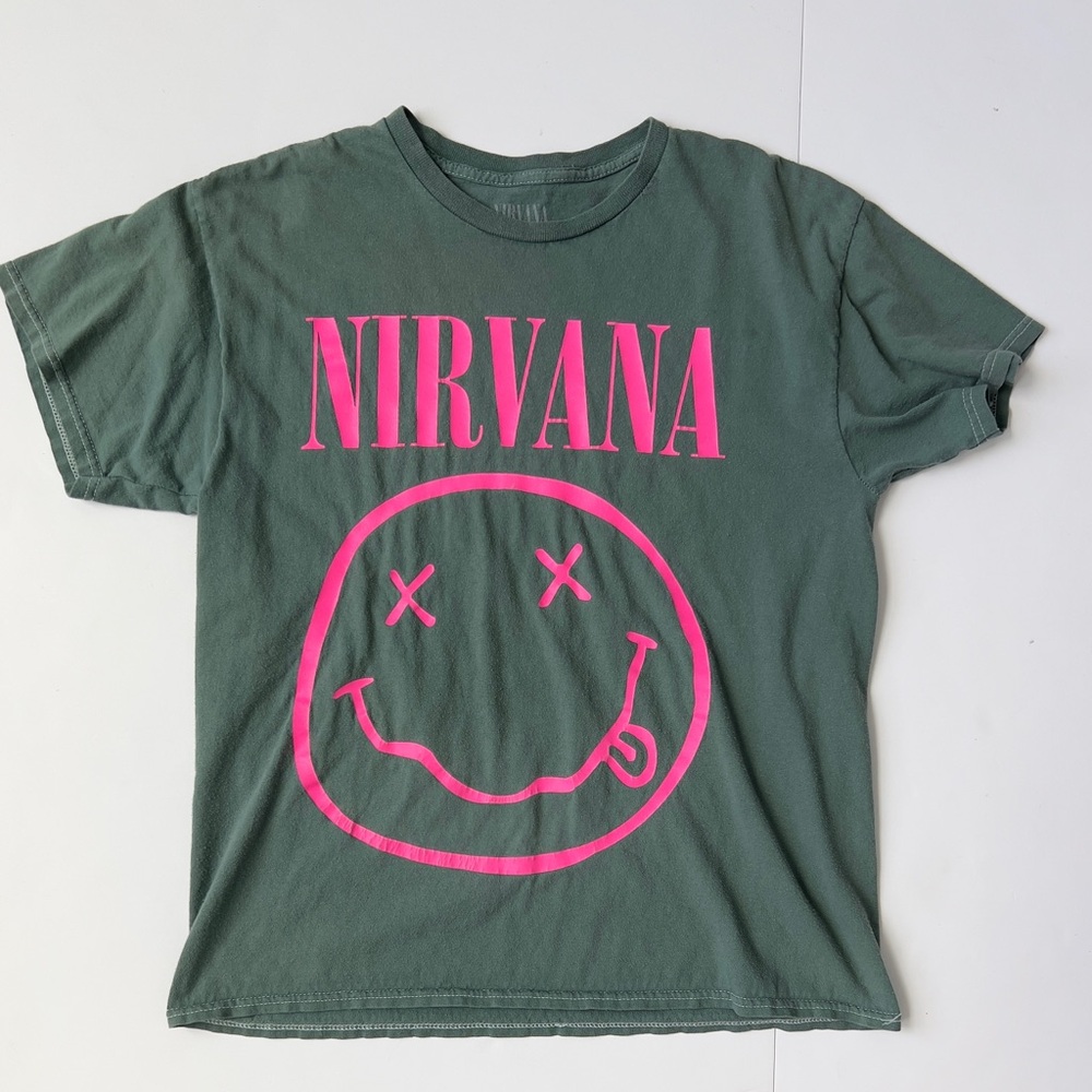 NIRVANA Green Tee with Hot Pink Smiley Logo